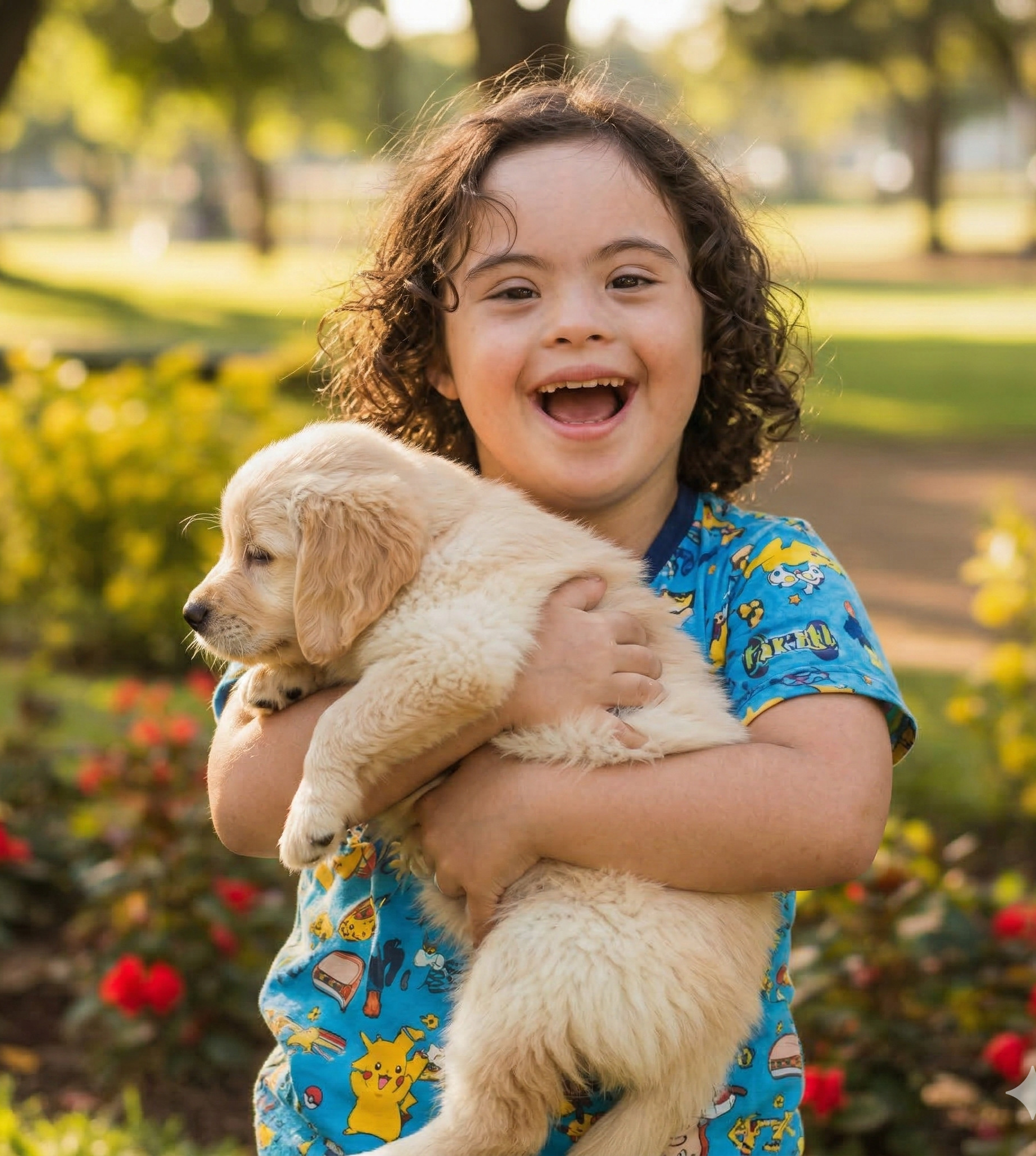 Criança sorrindo abraçando um filhote de cachorro