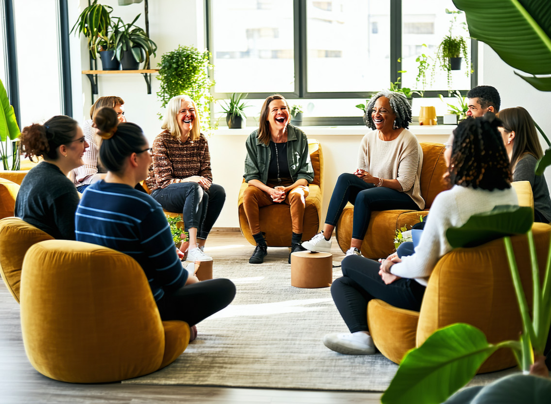Grupo de pessoas em conversa em um ambiente acolhedor